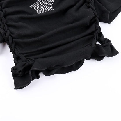 Short sleeve crewneck beaded hollow out cut out top
