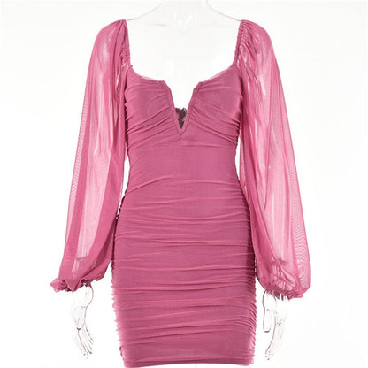 Mesh solid long sleeve ruched notch neck zip-up mini dress