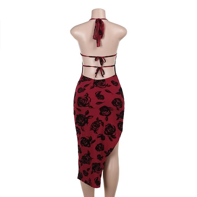 Halter v neck slit backless mesh self tie midi dress
