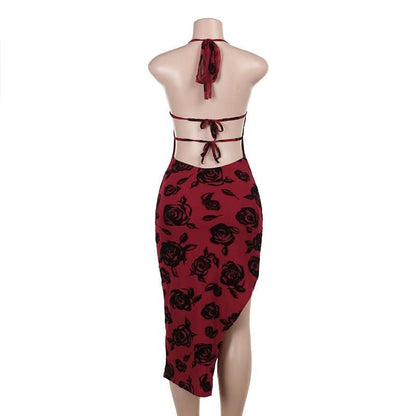 Halter v neck slit backless mesh self tie midi dress