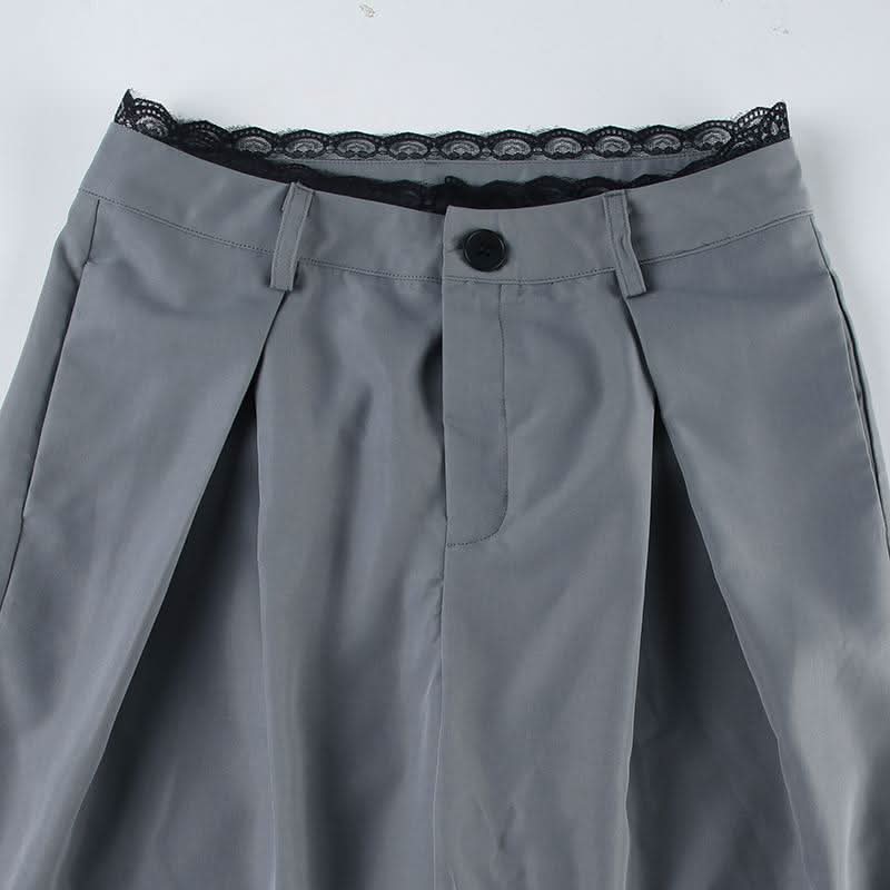 Lace hem button ruched low rise straight leg pant