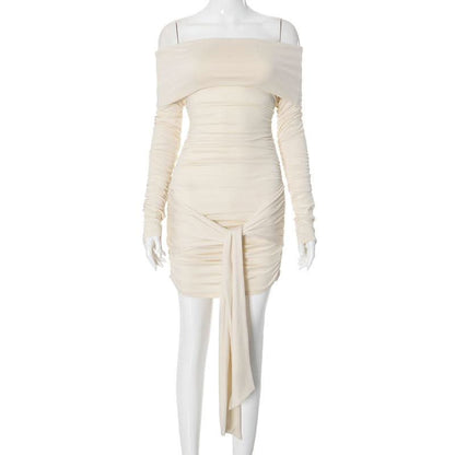 Long sleeve off shoulder ruched knotted mini dress