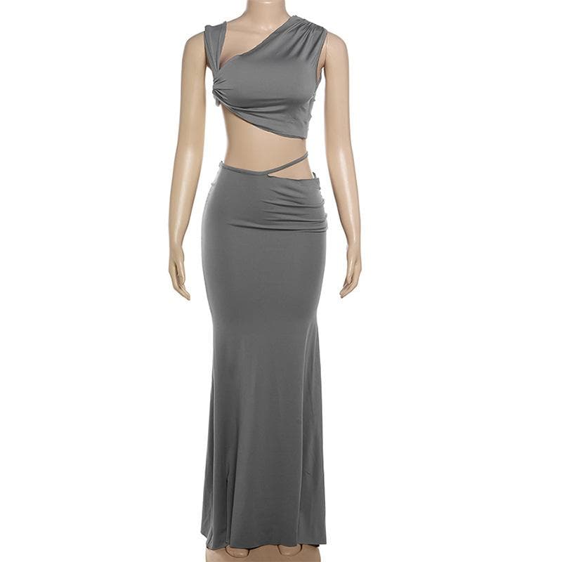 Ruched irregular solid crop maxi skirt set-final-sale