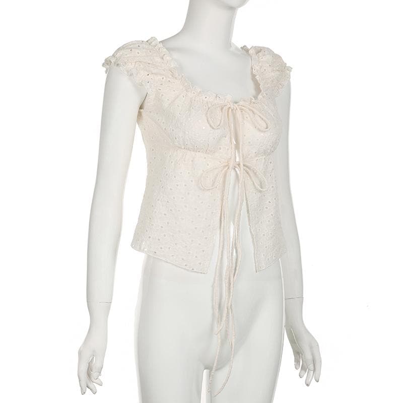 U neck puff sleeve textured ruffle top