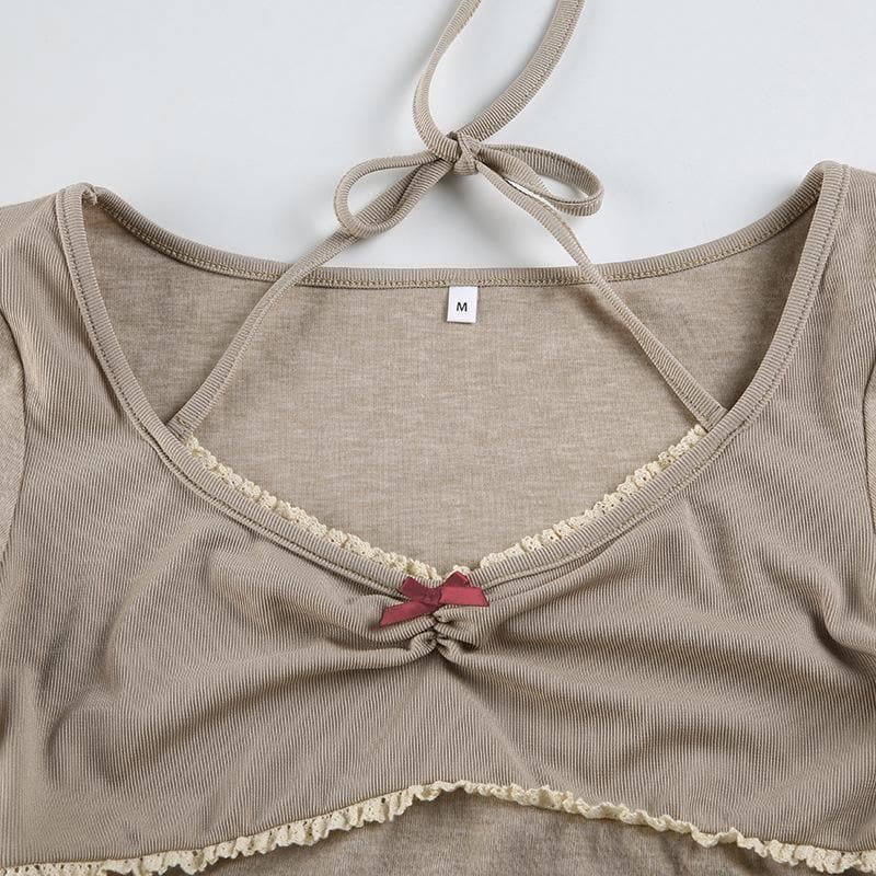 Long sleeve halter bowknot lace hem top