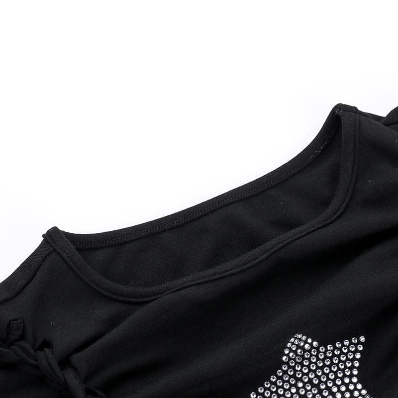 Short sleeve crewneck beaded hollow out cut out top