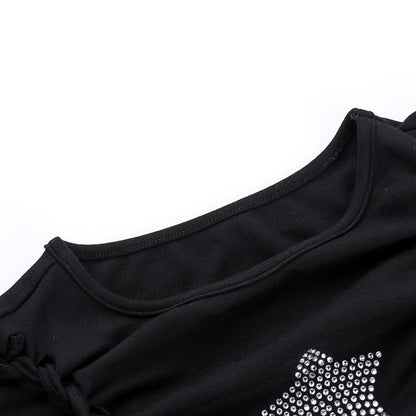 Short sleeve crewneck beaded hollow out cut out top