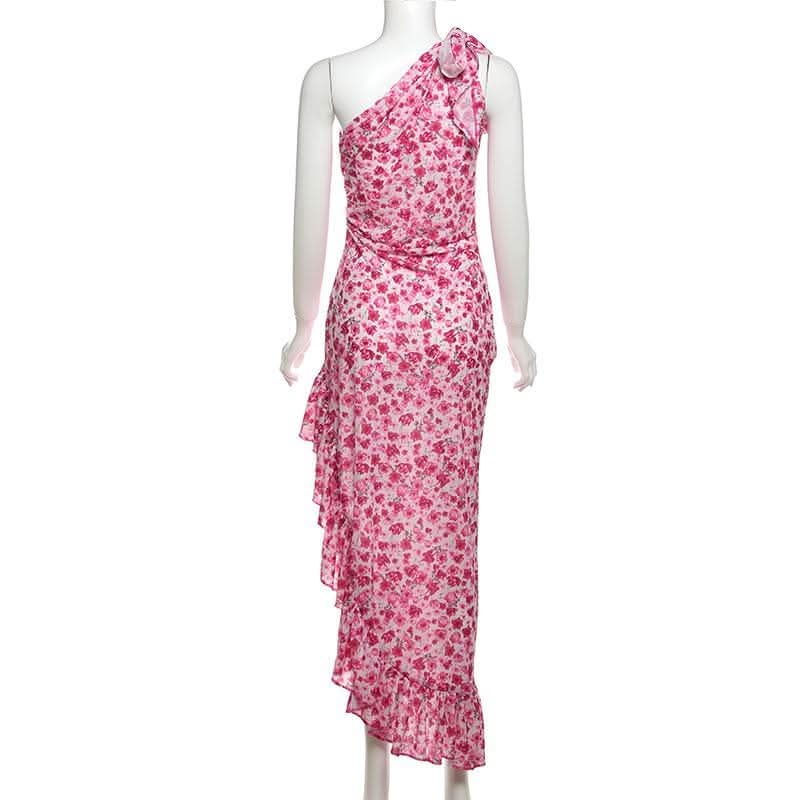 One shoulder knotted slit flower print ruffle maxi dress-final-sale