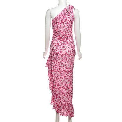 One shoulder knotted slit flower print ruffle maxi dress-final-sale
