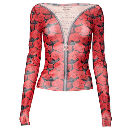 Long sleeve round neck rose print sheer mesh top