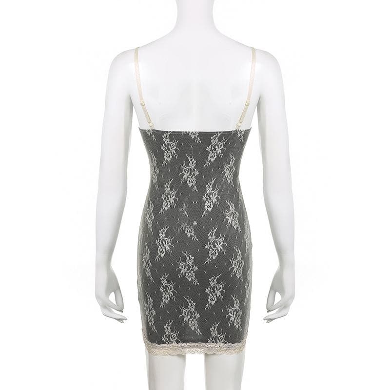 Lace contrast lace up v neck backless 2 piece cami dress