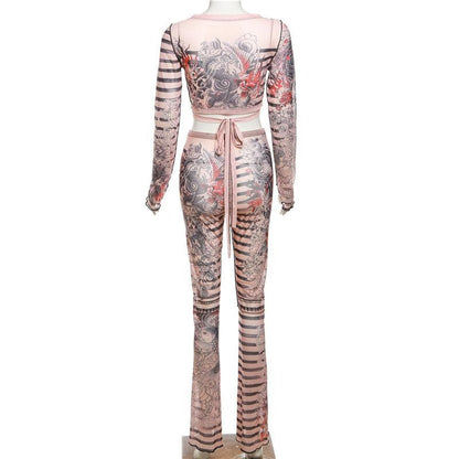 Sheer mesh striped contrast long sleeve self tie pant set