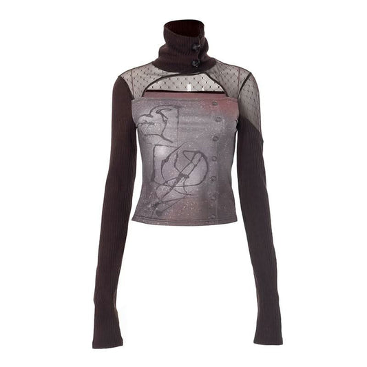 Long sleeve hollow out high neck button print cut out top