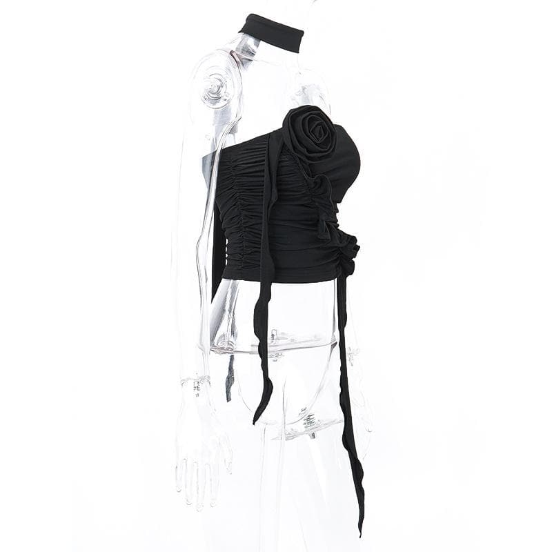 Flower applique solid halter ruched tube crop top