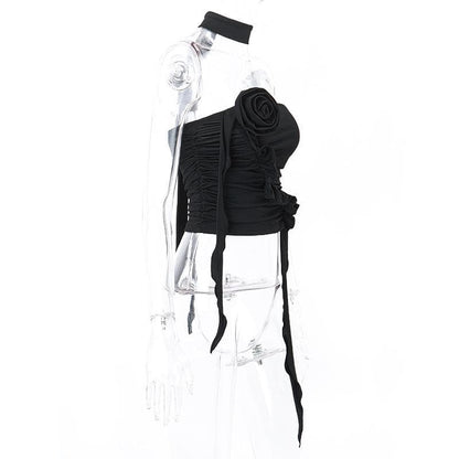 Flower applique solid halter ruched tube crop top