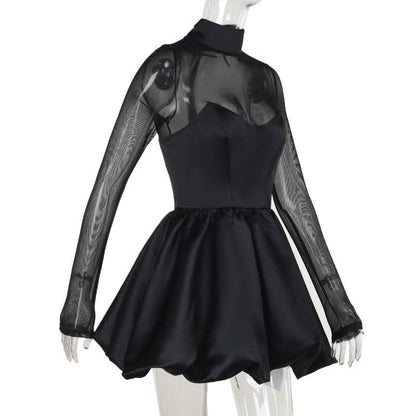 Long sleeve high neck zip-up mesh patchwork mini dress