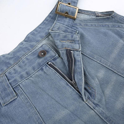 Hollow out belt patchwork button applique jeans-final-sale