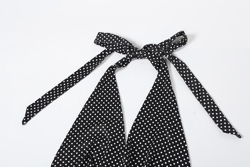 Halter polka dot print v neck backless maxi dress