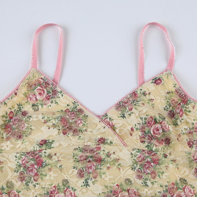 V neck lace flower print cami top