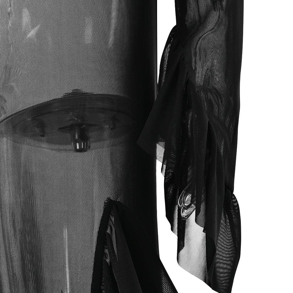 Long flared sleeve sheer mesh ruffle slit maxi dress