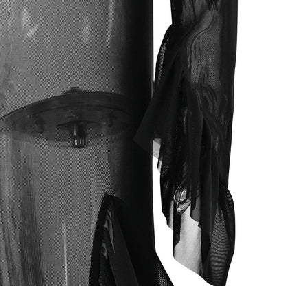 Long flared sleeve sheer mesh ruffle slit maxi dress