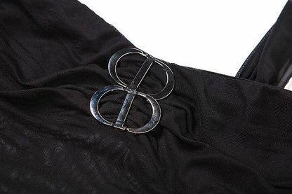 Buckle mesh ruffle halter backless low cut crop top