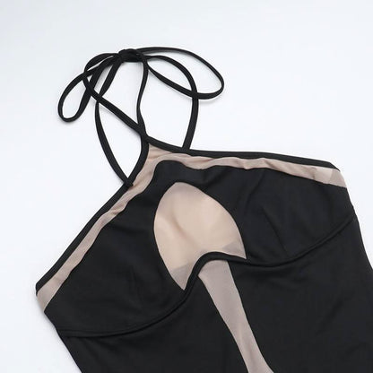 Halter self tie mesh patchwork backless maxi dress