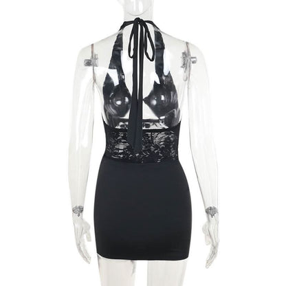 Halter self tie hollow out lace ruched cut out mini dress