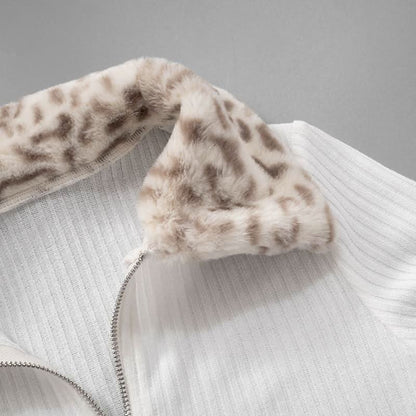 Zip-up long sleeve turnover collar leopard fluffy top
