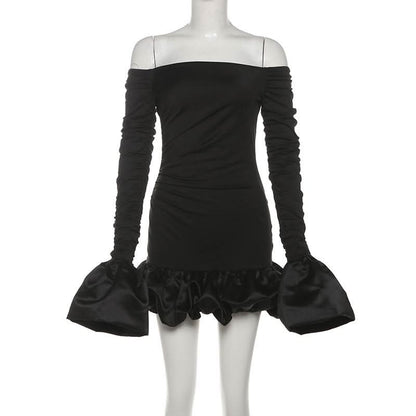Off shoulder long sleeve ruched mini dress