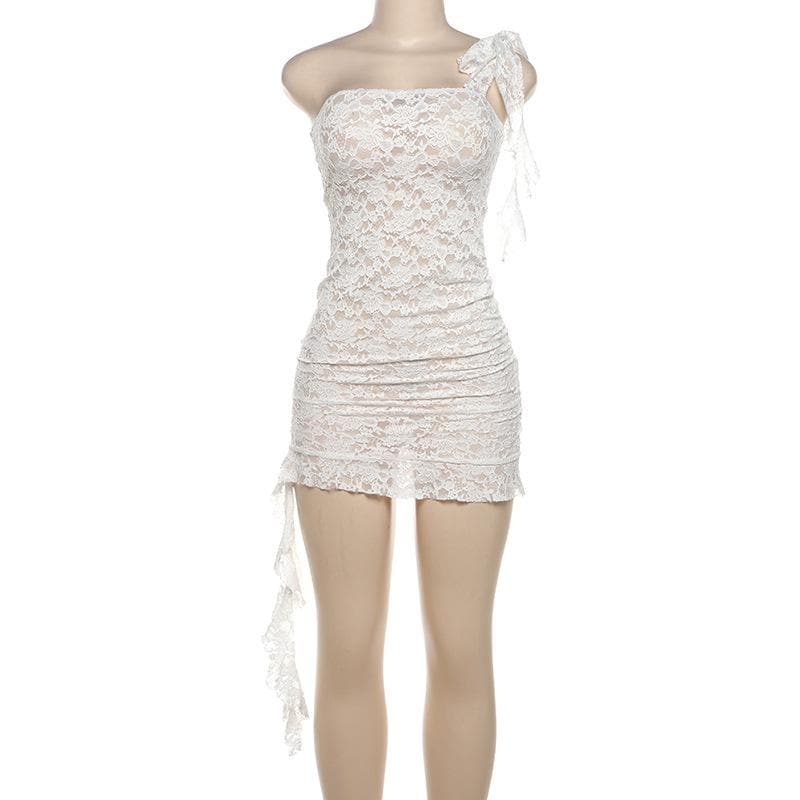 Lace see through one shoulder ruffle knotted ruched mini dress