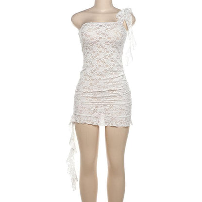 Lace see through one shoulder ruffle knotted ruched mini dress