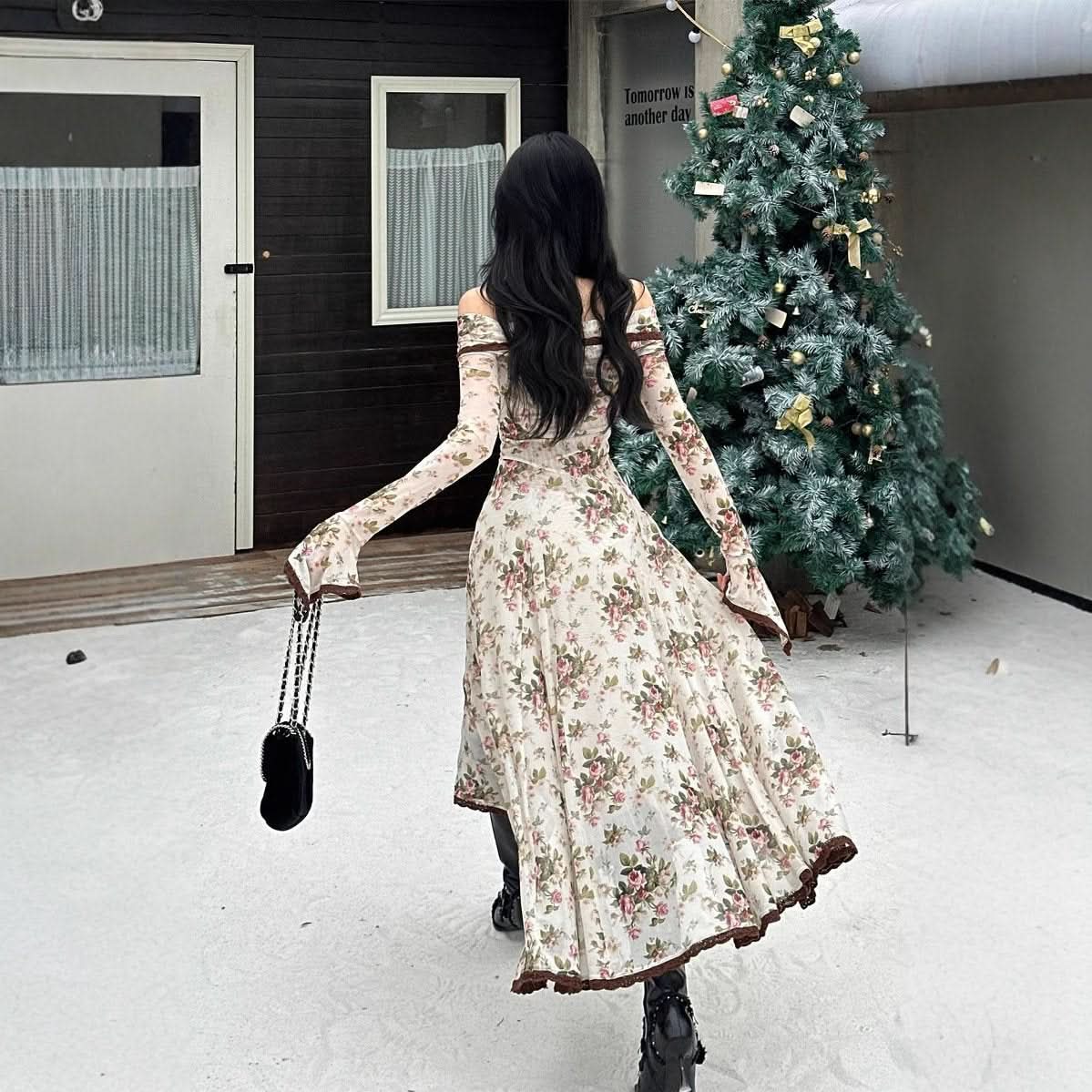 Off shoulder long sleeve flower print lace hem maxi dress