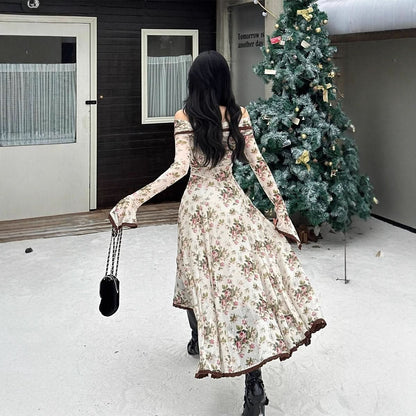 Off shoulder long sleeve flower print lace hem maxi dress