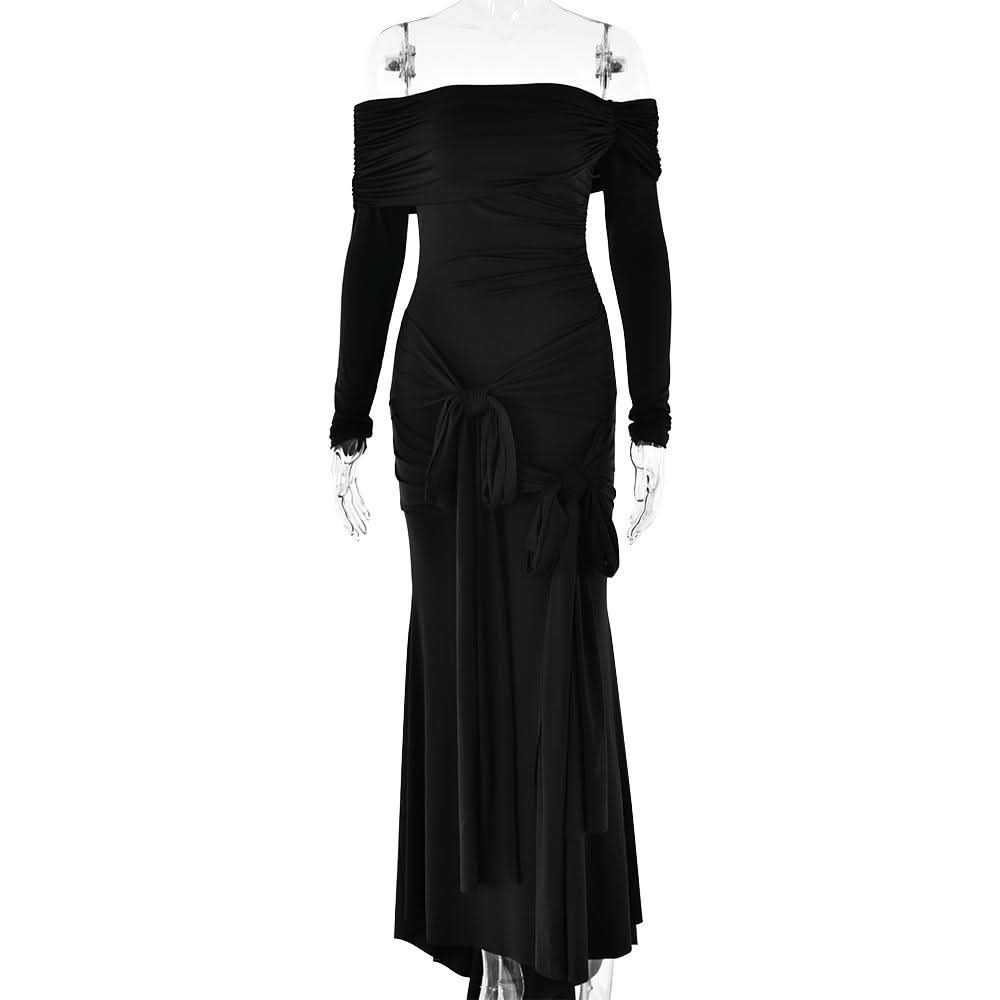 Off shoulder long sleeve ruched self tie maxi dress