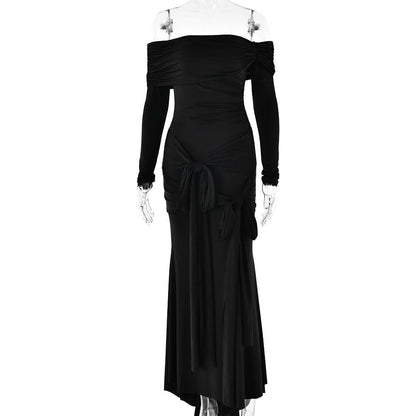 Off shoulder long sleeve ruched self tie maxi dress