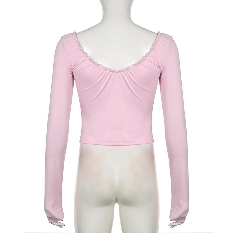 Long sleeve bowknot sweetheart neck ruffle top