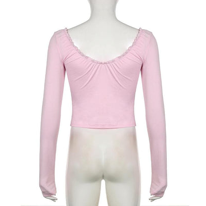 Long sleeve bowknot sweetheart neck ruffle top