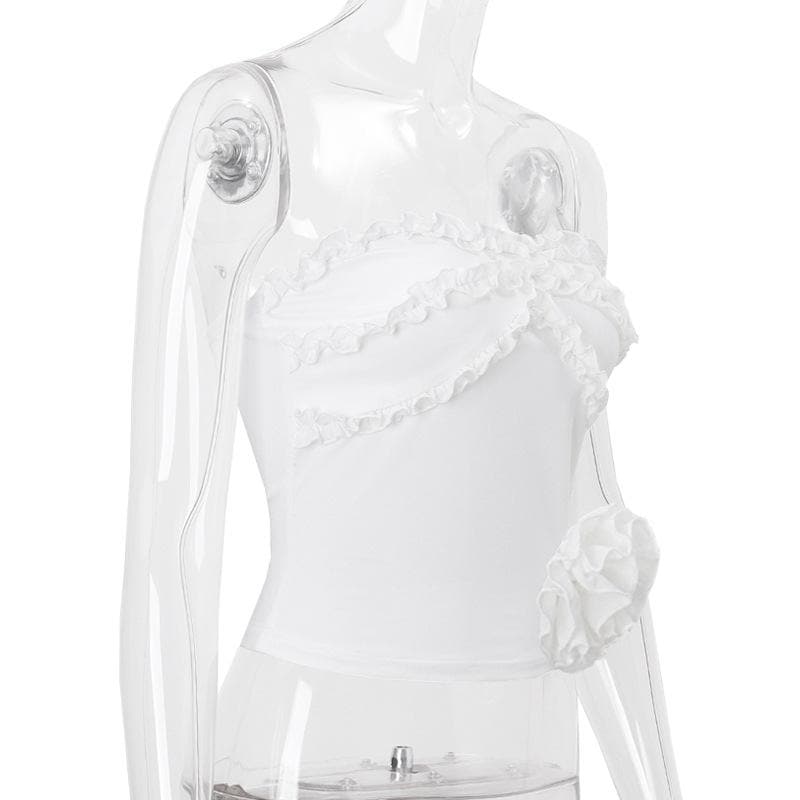 Flower applique ruffle ruched solid tube top