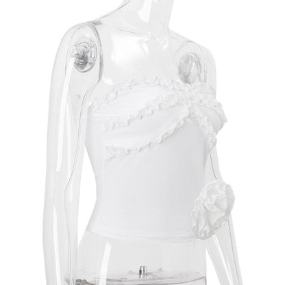 Flower applique ruffle ruched solid tube top