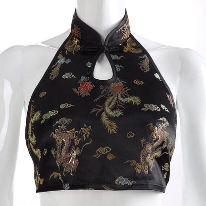 Halter hollow out dragon embroidery crop cut out top