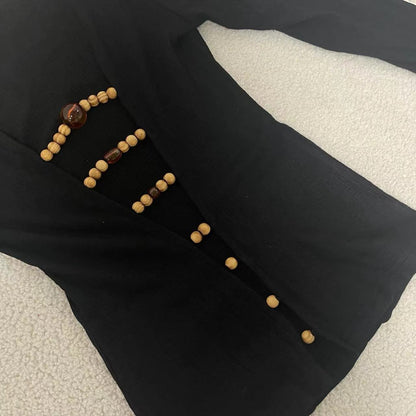 Long sleeve hollow out beaded v neck cut out top