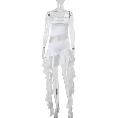 Satin lace hem patchwork ruffle cami mini dress
