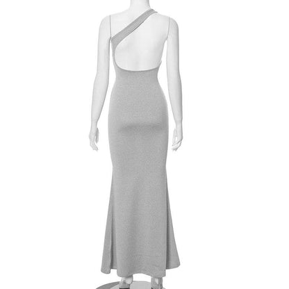 One shoulder solid backless maxi dress