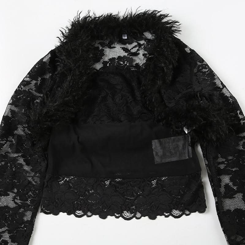Long sleeve fluffy shrug lace tube 2 piece top