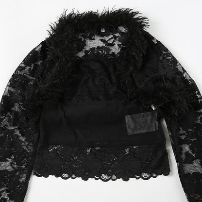 Long sleeve fluffy shrug lace tube 2 piece top
