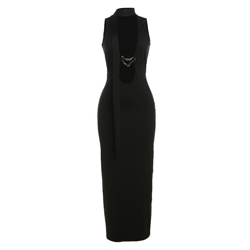 Hollow out metal applique cut out maxi dress
