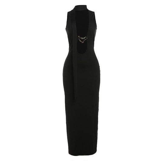 Hollow out metal applique cut out maxi dress