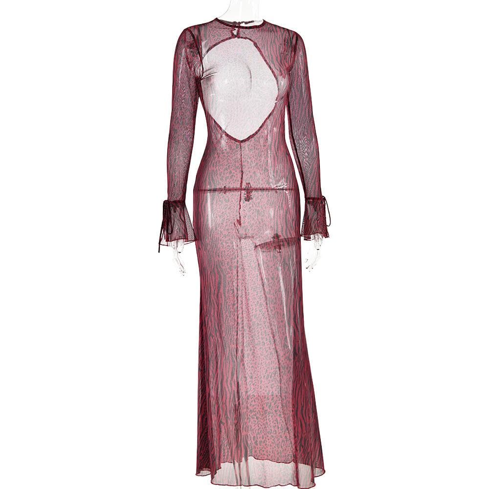 Long flared sleeve tiger print sheer mesh backless maxi dress