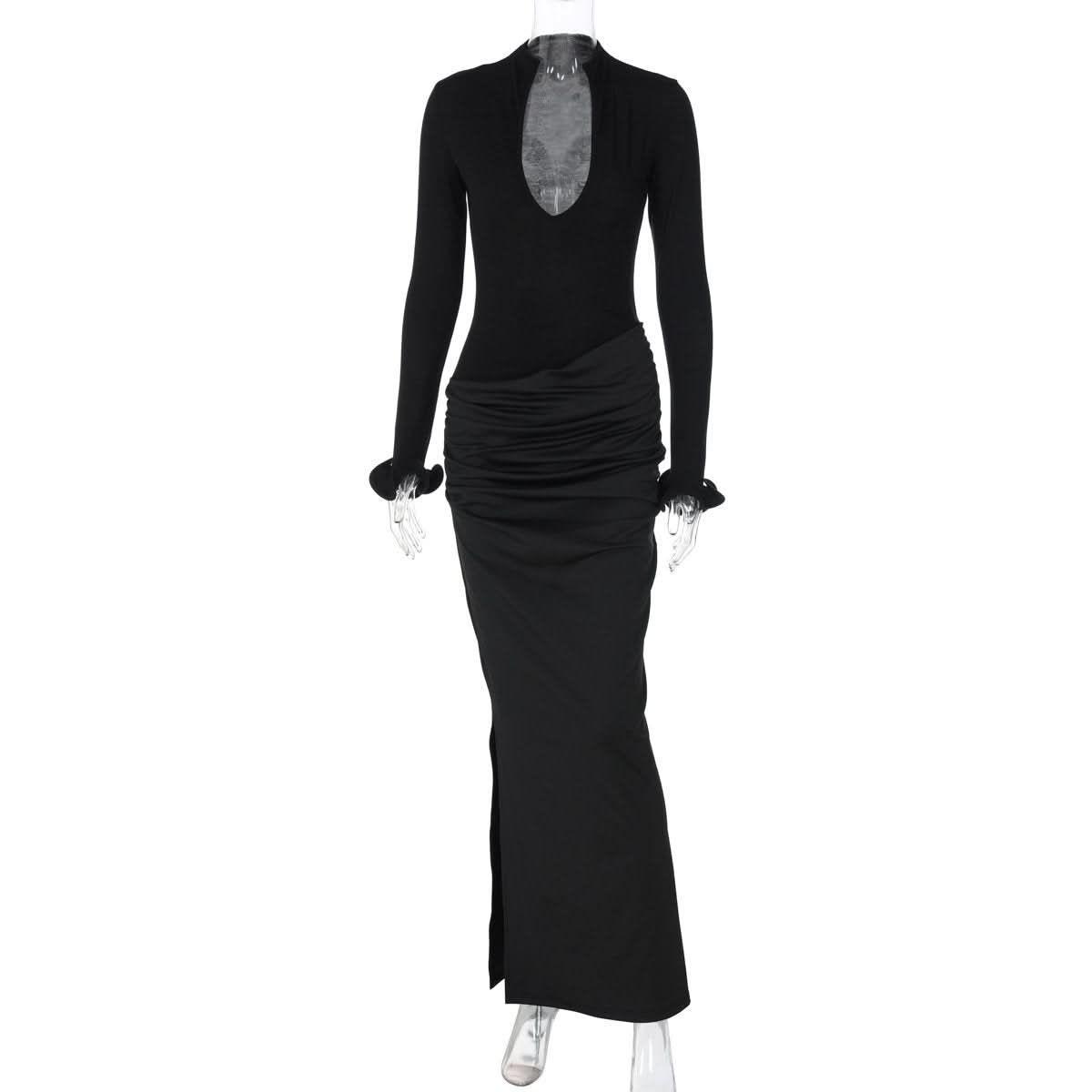 Long sleeve v neck ruched maxi dress